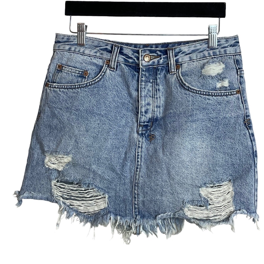 Ksubi Denim Mini Skirt Grunge Streetwear 28 Light Wash Distressed Ripped Raw Hem